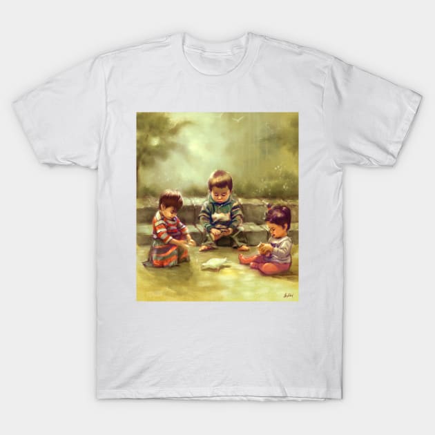 Three kids feeding a pidgeon T-Shirt by Artofokan